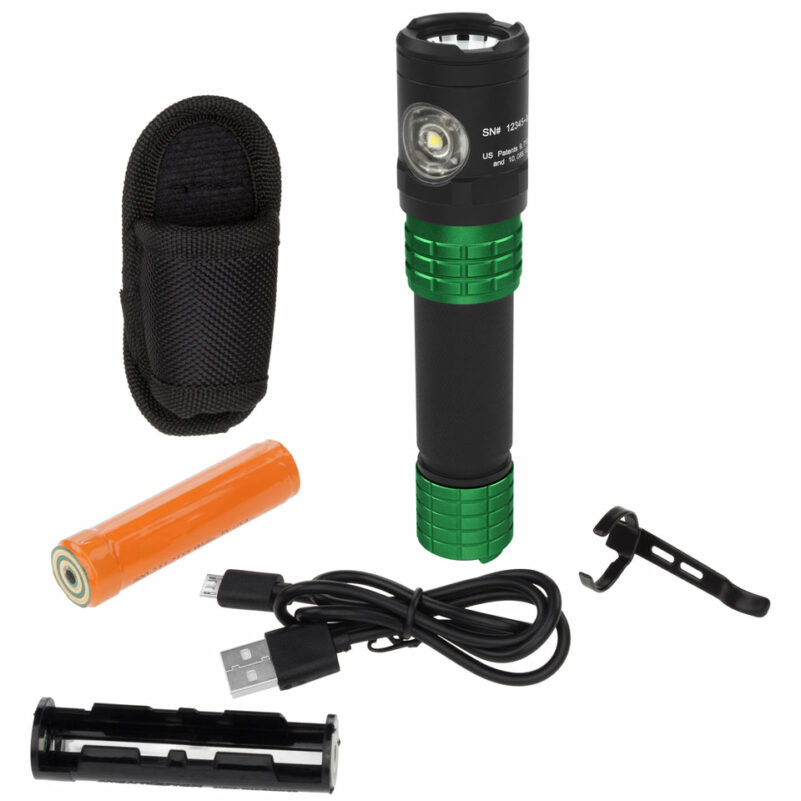 USB Dual-Light Rechargeable Flashlight w/Holster - Green - Image 2